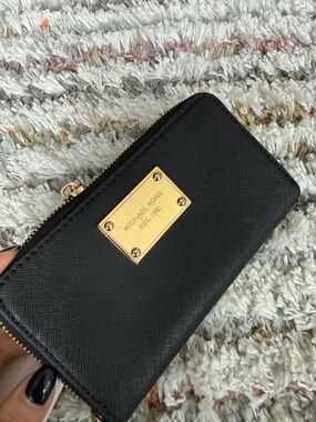 Michael Kors Black Leather Zip-Around Wallet with Gold Plate